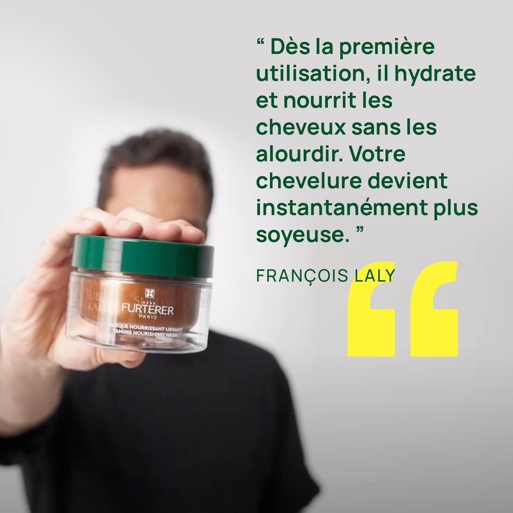Homme tenant la crème. Citation: François Laly. Texte: hydrate et nourrit les cheveux, les rend soyeux.