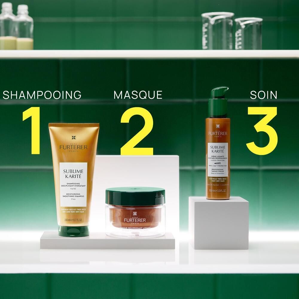 Trois produits sur un comptoir. Shampooing, masque et soin. Produits FURTERER SUBLIME KARITE.