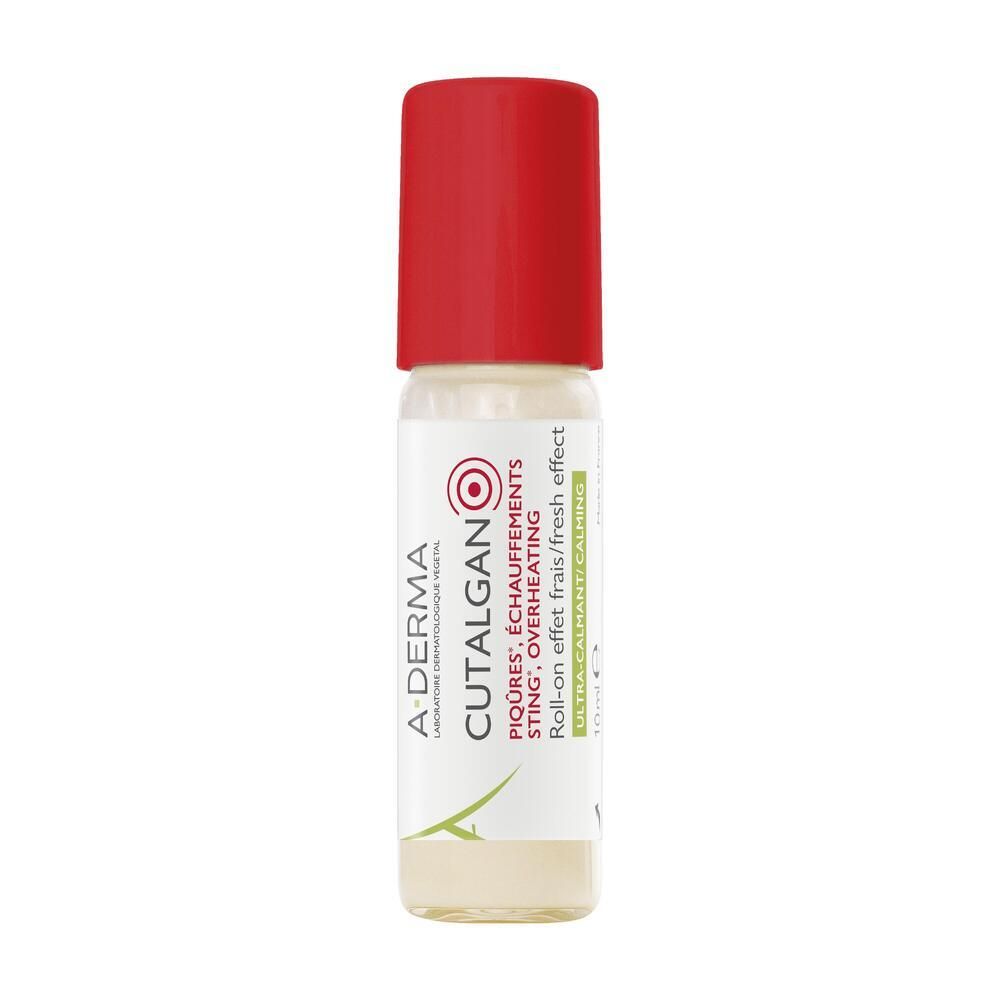 Roll-on avec bouchon rouge. Inscription: A-DERMA, CUTALGAN, Roll-on effet frais/fresh effect. 10 ml.
