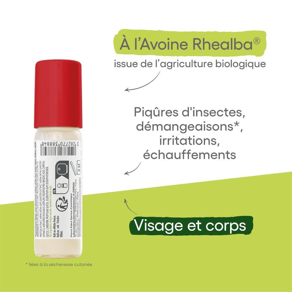 Dos du roll-on avec texte et flèches. Texte: À l'Avoine Rhealba, Visage et corps. Piqures d'insectes, démangeaisons, irritations, échauffements.