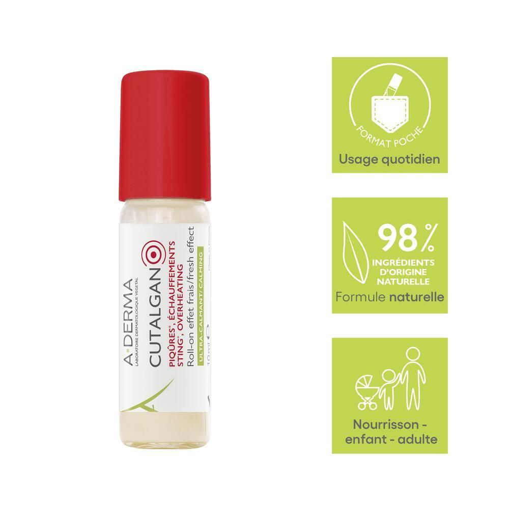 Roll-on avec bouchon rouge. Texte: A-DERMA, CUTALGAN. Symboles: Format poche, 98% ingrédients d'origine naturelle, Nourrisson-enfant-adulte.