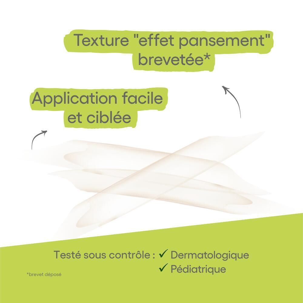 Graphique avec texte et flèches. Texte: Texture "effet pansement" brevetée, Application facile et ciblée. Testé sous contrôle dermatologique et pédiatrique.