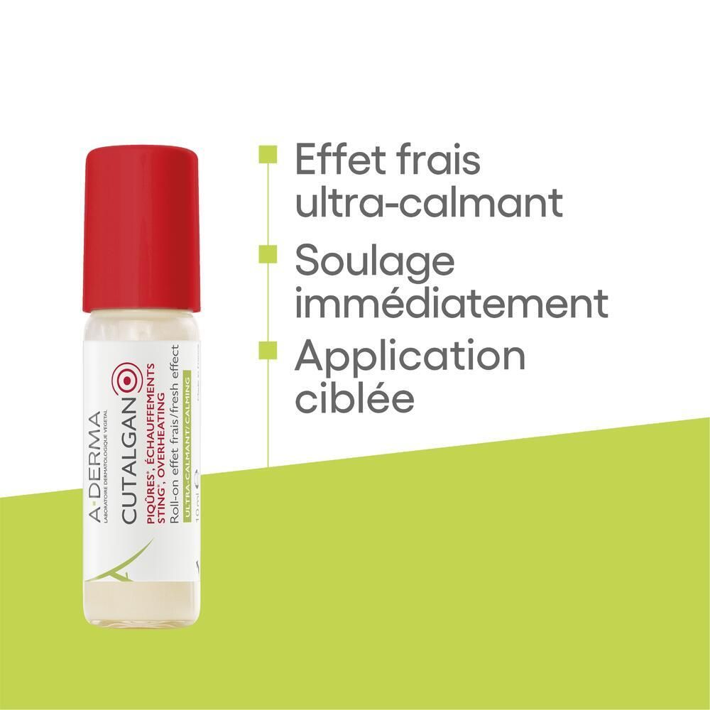 Roll-on avec bouchon rouge. Texte: A-DERMA, CUTALGAN. Effet frais ultra-calmant, Soulage immédiatement, Application ciblée.