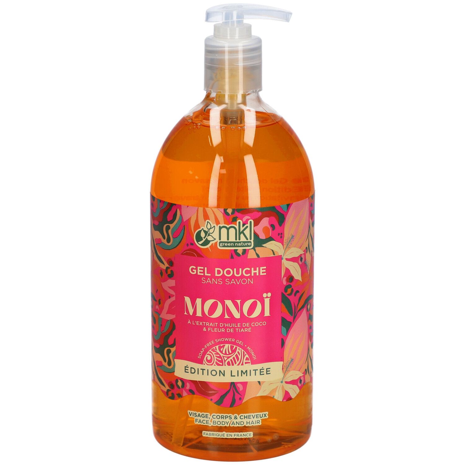 Flacon transparent de gel douche orange. Étiquette rose avec texte MONOÏ, Edition Limitée. Avec pompe.