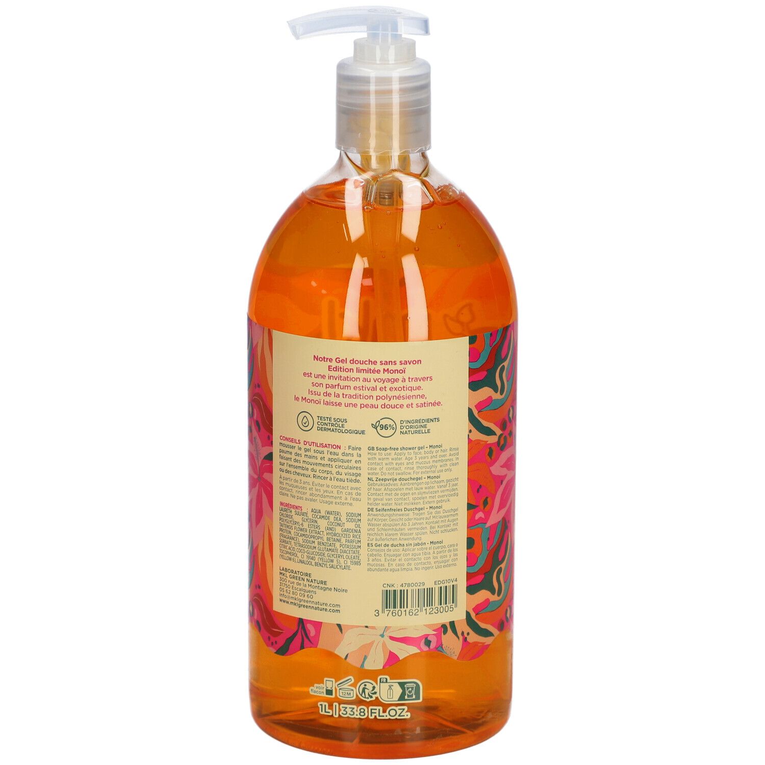 Dos d'un flacon transparent de gel douche orange. Étiquette rose avec texte. Avec pompe.