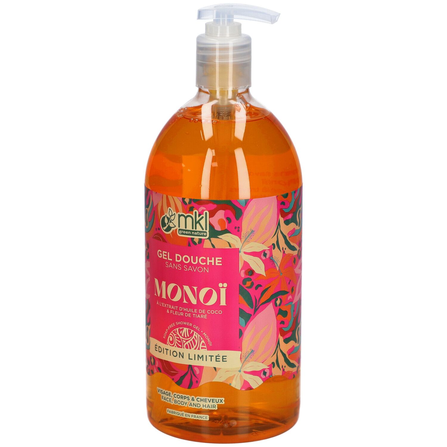 Flacon transparent de gel douche orange. Étiquette rose avec texte MONOÏ, Edition Limitée. Avec pompe.