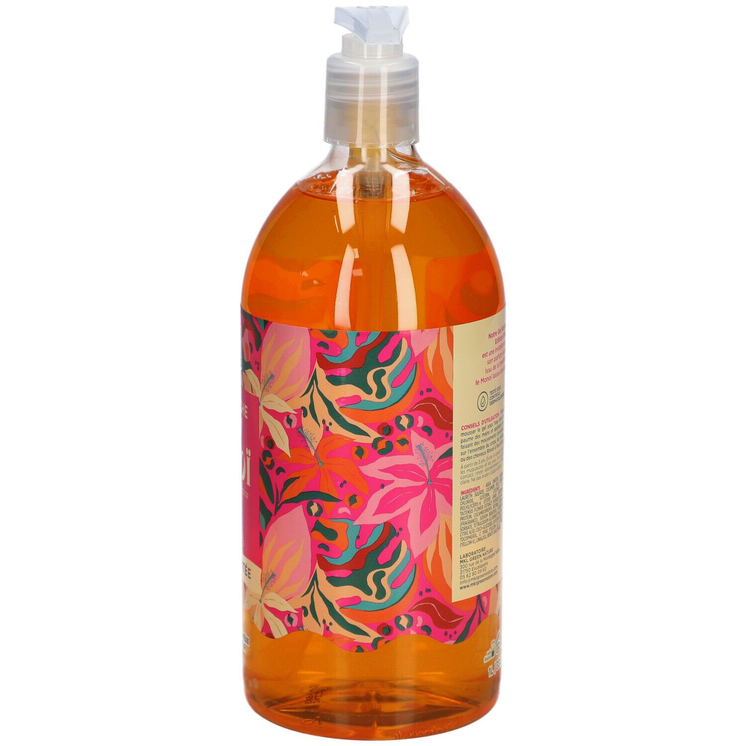 Dos d'un flacon transparent de gel douche orange. Étiquette rose avec texte. Avec pompe.