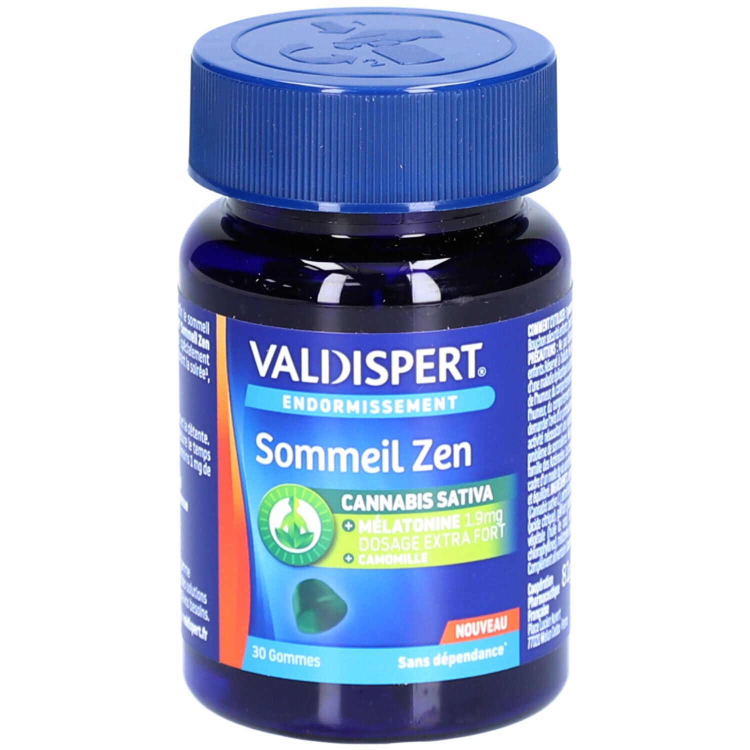 Flacon bleu VALDISPERT. Inscription: Endormissement, Sommeil Zen, Cannabis Sativa, Mélatonine 1,9mg. 30 Gommes.