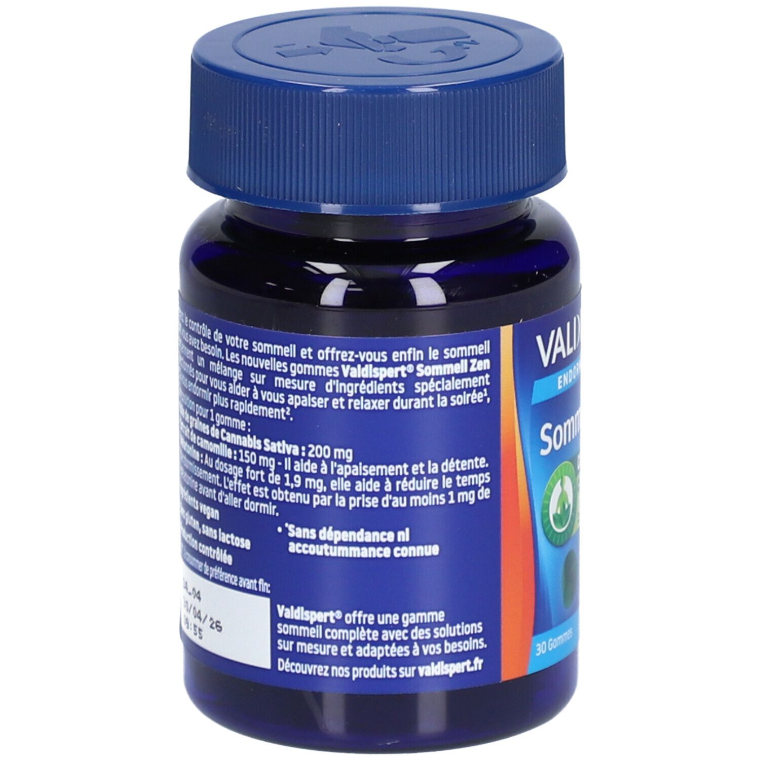 Dos du flacon bleu. Texte: VALDISPERT, Endormissement, Sommeil Zen. Ingrédients, dosage, date de péremption, sans dépendance.
