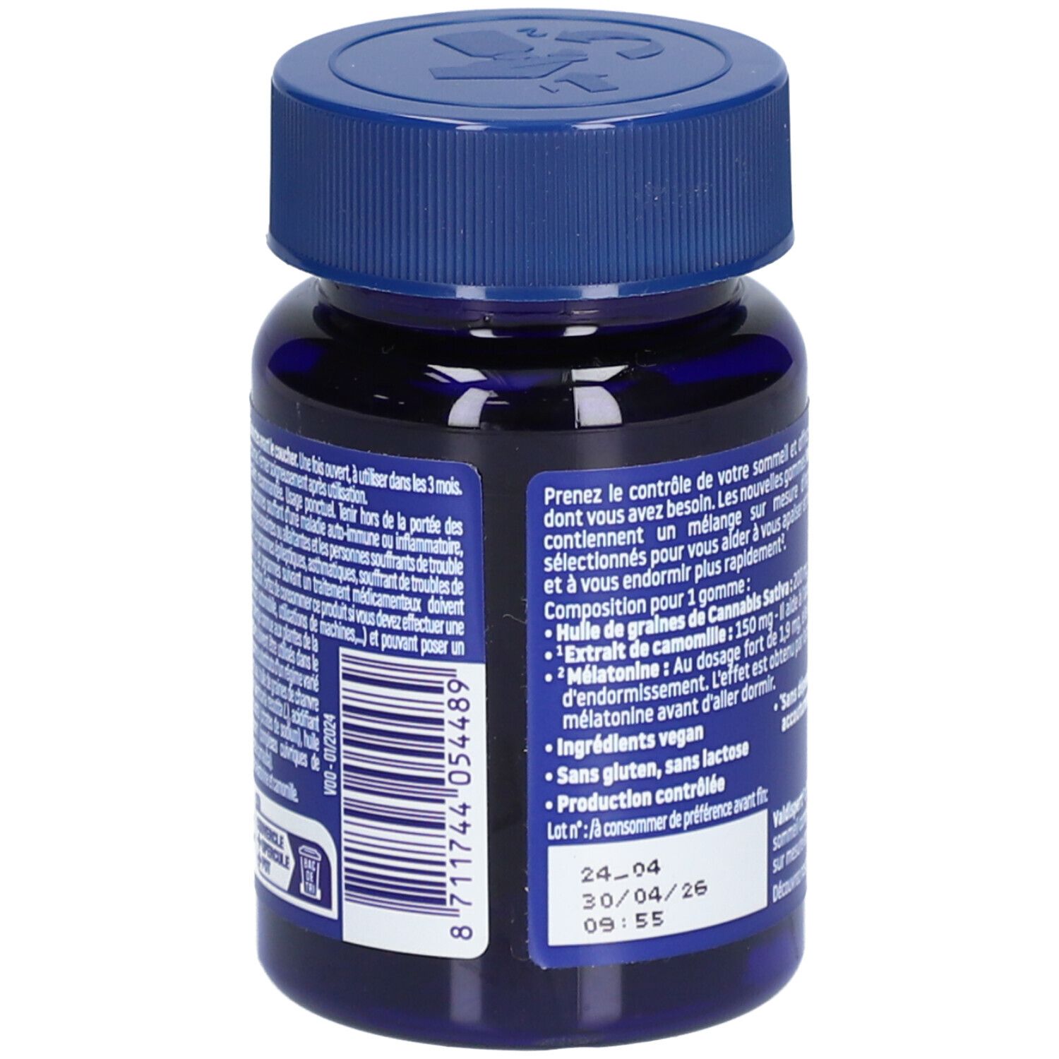 Dos du flacon bleu. Texte: Ingrédients, vegan, sans lactose, production contrôlée. Date de péremption: 30/04/26.
