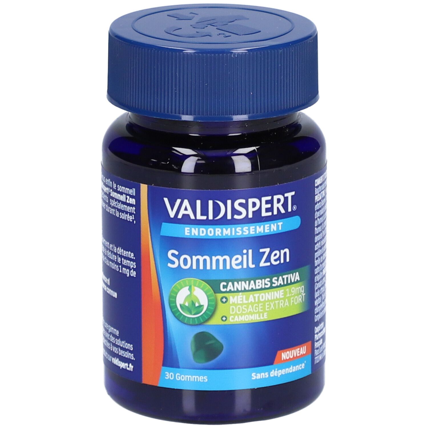 Flacon bleu VALDISPERT. Inscription: Endormissement, Sommeil Zen, Cannabis Sativa, Mélatonine 1,9mg. 30 Gommes.