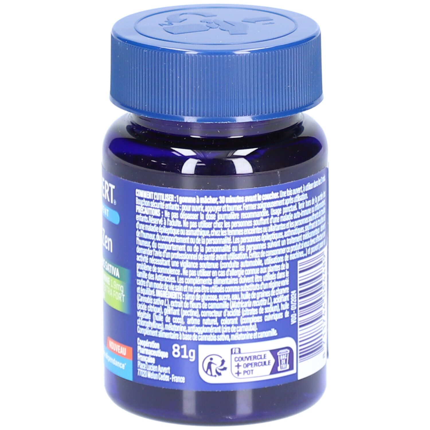 Dos du flacon bleu. Texte: VALDISPERT, Endormissement, Sommeil Zen. Ingrédients, dosage, date de péremption, sans dépendance.