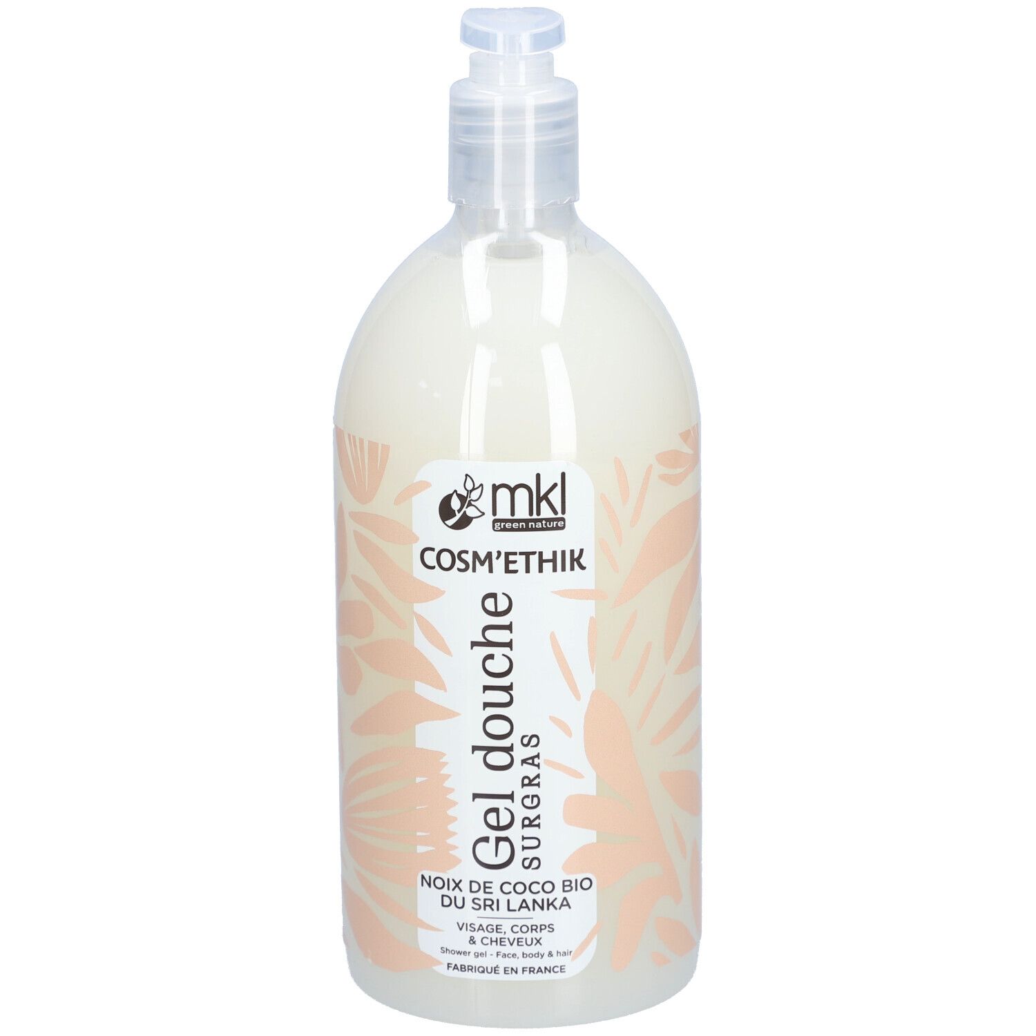 Flacon transparent avec pompe. Inscription : MKL Cosm'ethik, Gel douche surgras, noix de coco. Motif floral rose.