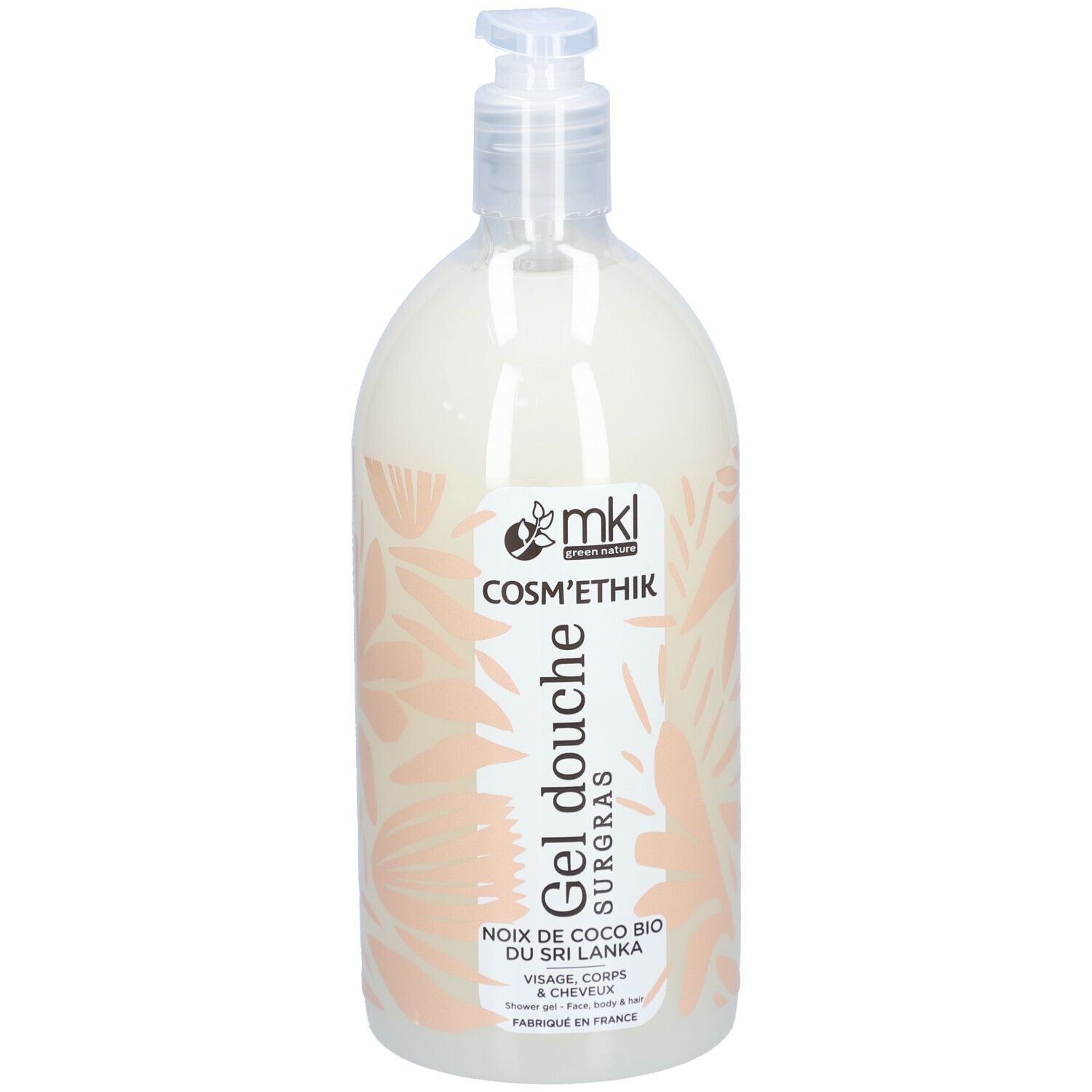 Flacon transparent avec pompe. Inscription : MKL Cosm'ethik, Gel douche surgras, noix de coco. Motif floral rose.