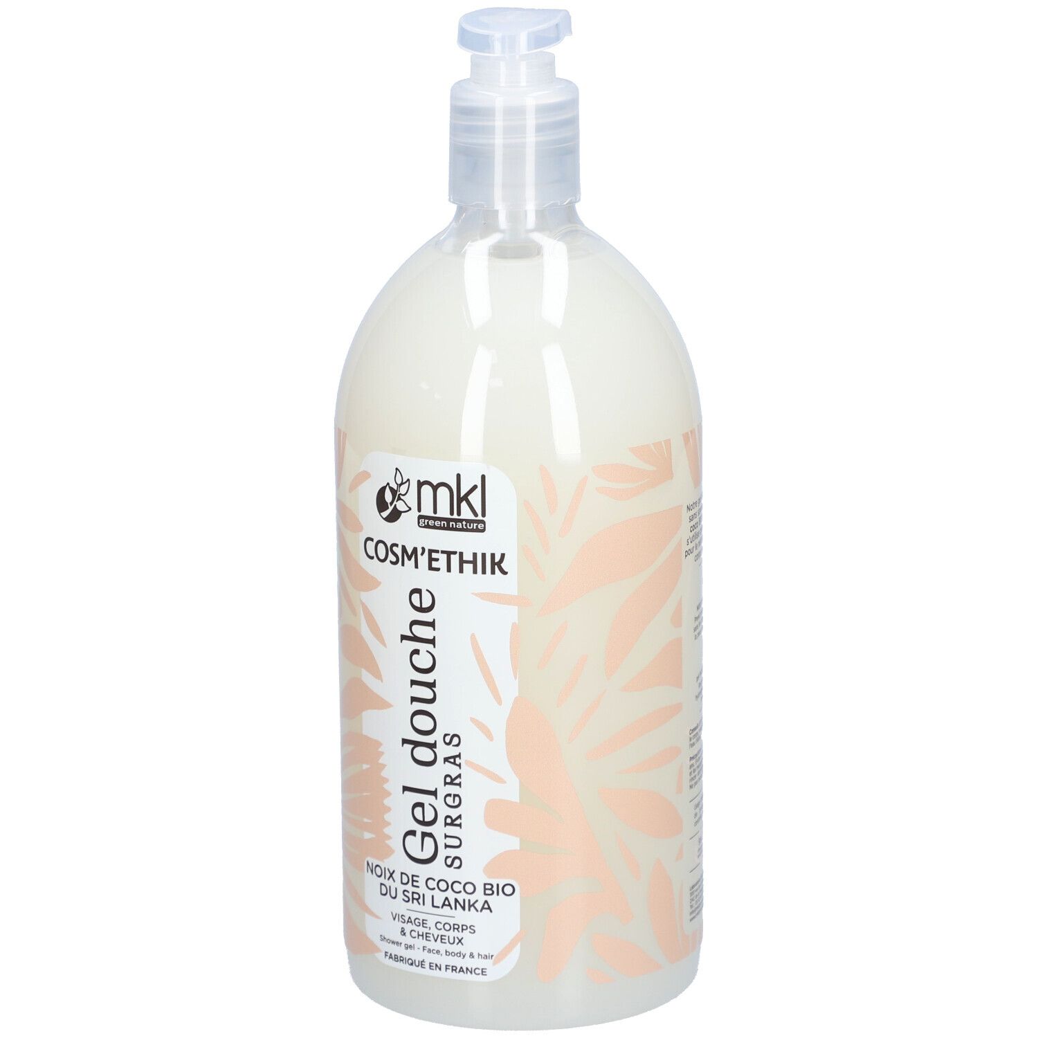 Flacon transparent avec pompe. Inscription : MKL Cosm'ethik, Gel douche surgras, noix de coco. Motif floral rose.