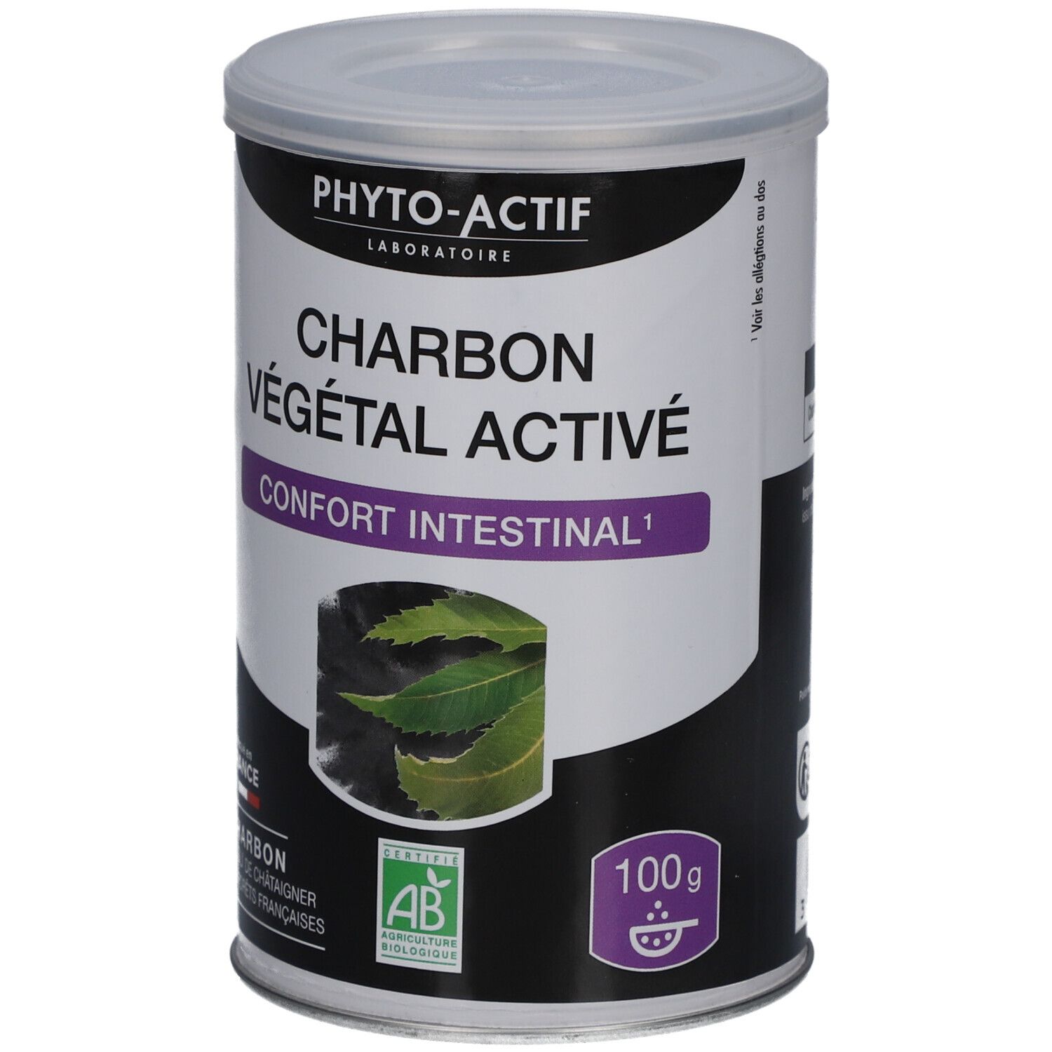 Boîte cylindrique avec couvercle. Inscription: Charbon Végétal Activé, Confort Intestinal. Certification bio. 100g.
