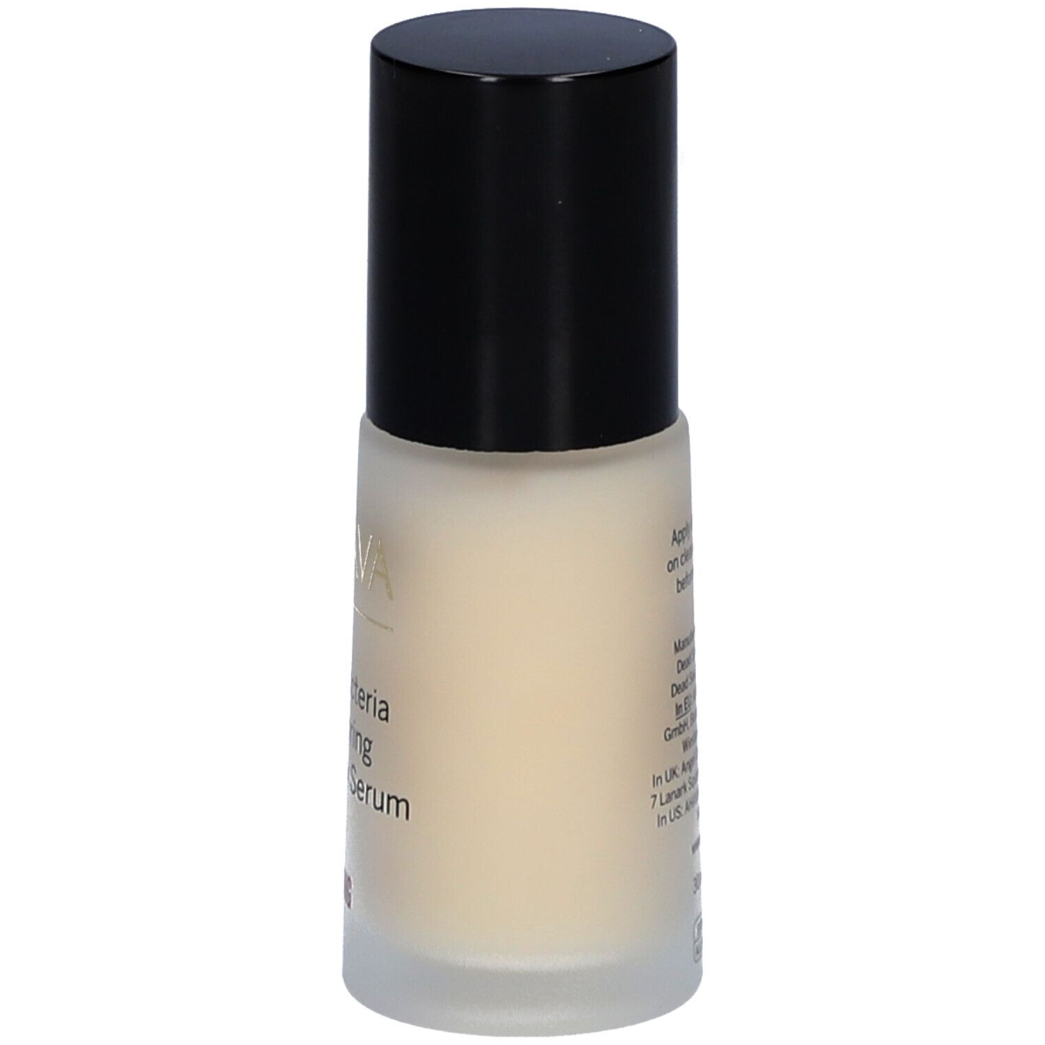 AHAVA serumfles met zwarte dop. Opschrift: Halobacteria Restoring Elasticity Serum. Fles.