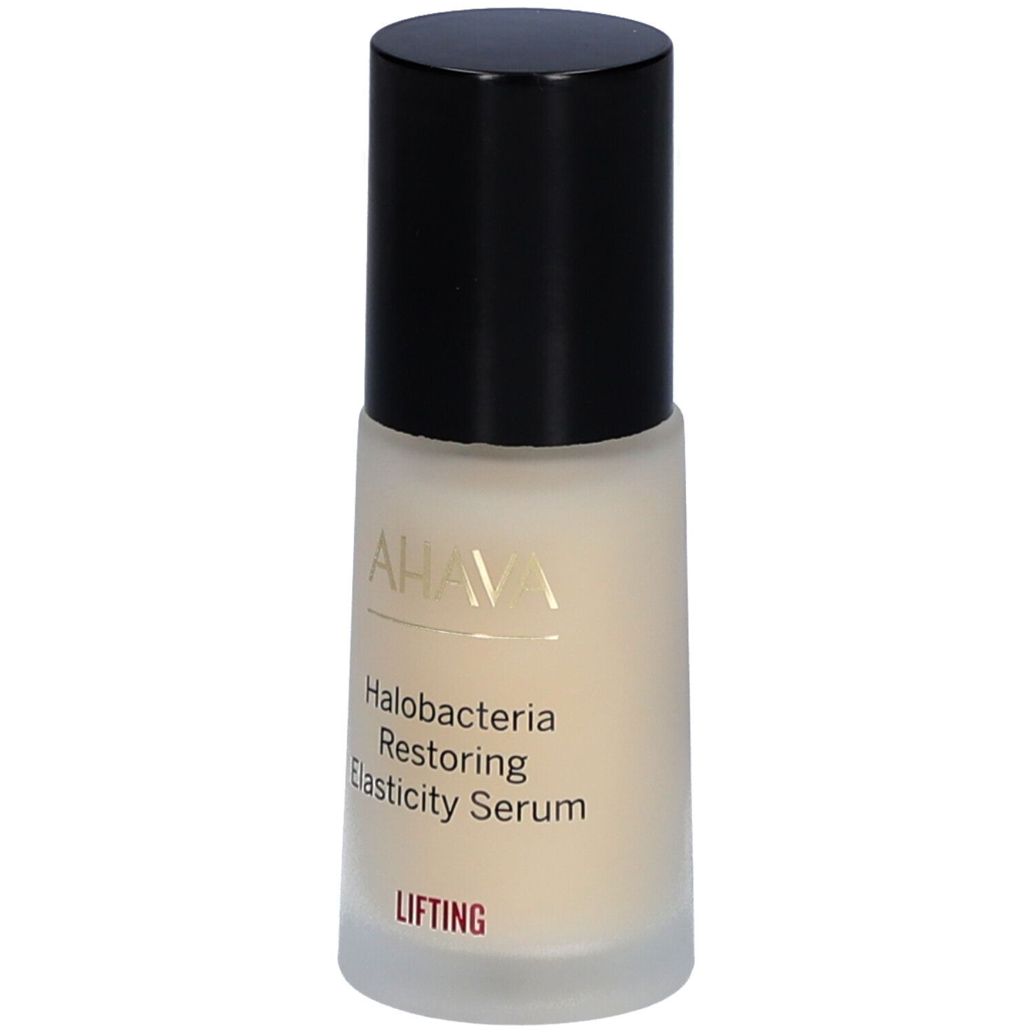 AHAVA serum. Fles met zwarte dop. Opschrift: Halobacteria Restoring Elasticity Serum. "Lifting" op rood veld.
