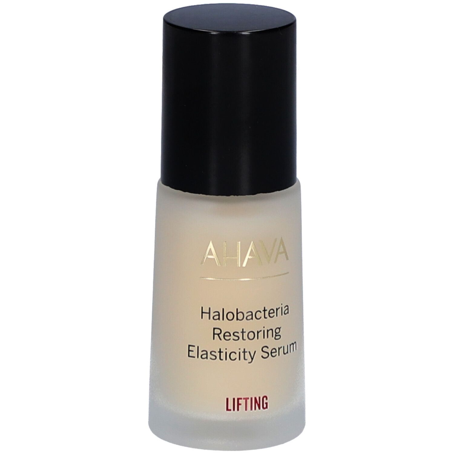 AHAVA serum. Fles met zwarte dop. Opschrift: Halobacteria Restoring Elasticity Serum. "Lifting" op rood veld.