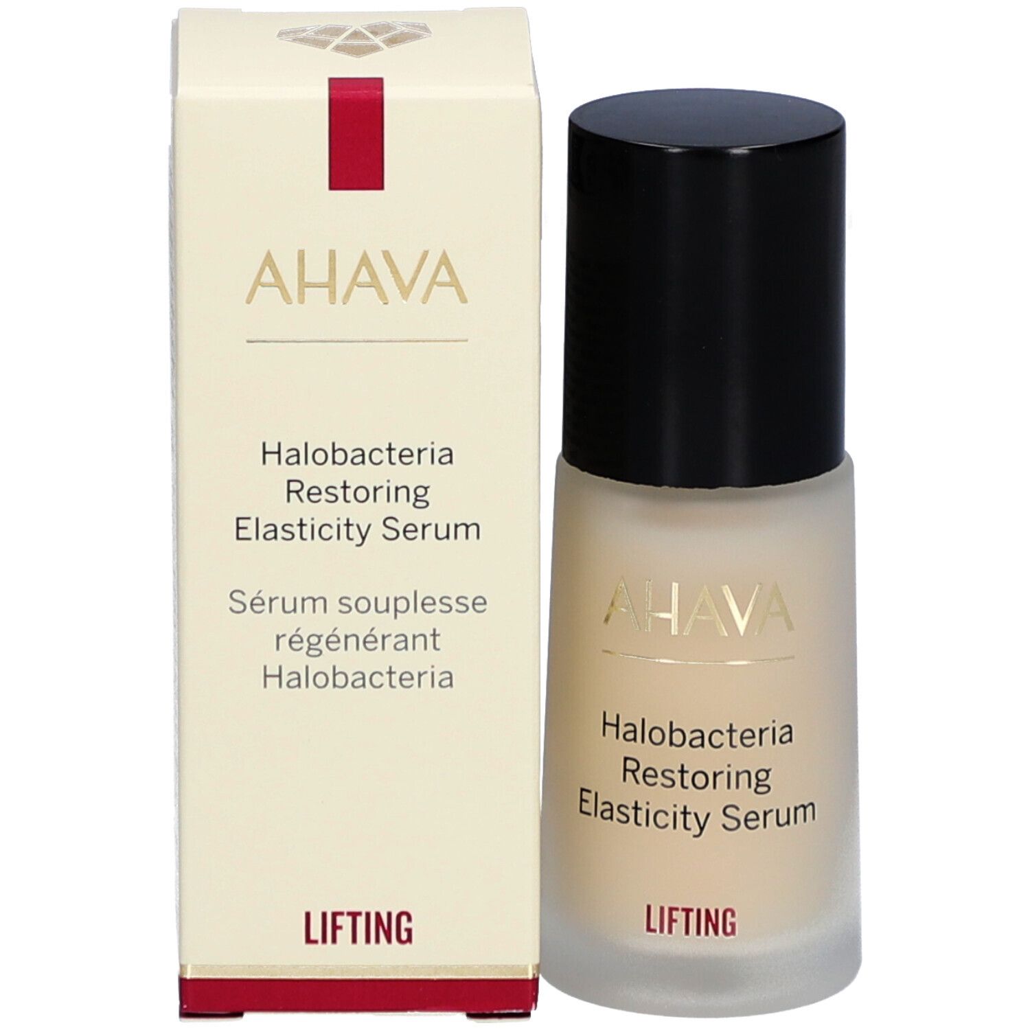 AHAVA serum en verpakking. Opschrift: Halobacteria Restoring Elasticity Serum. "Lifting" op rood veld. Verpakking.