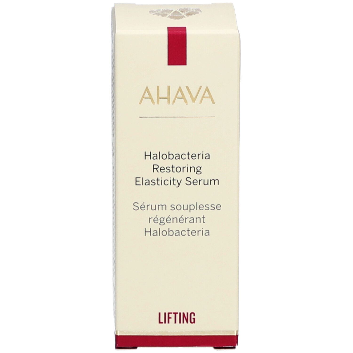 AHAVA serum verpakking. Opschrift: Halobacteria Restoring Elasticity Serum. "Lifting" op rood veld. Verpakking.