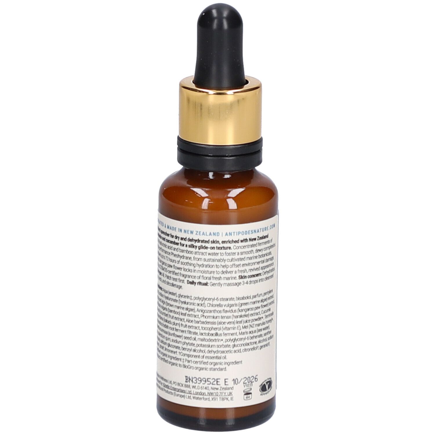 Bruine glazen fles met gouden dop en pipet. Tekst op achterkant. Opschrift: ANTIPODES Maya Hyaluronic Sérum Hydratant 72h.