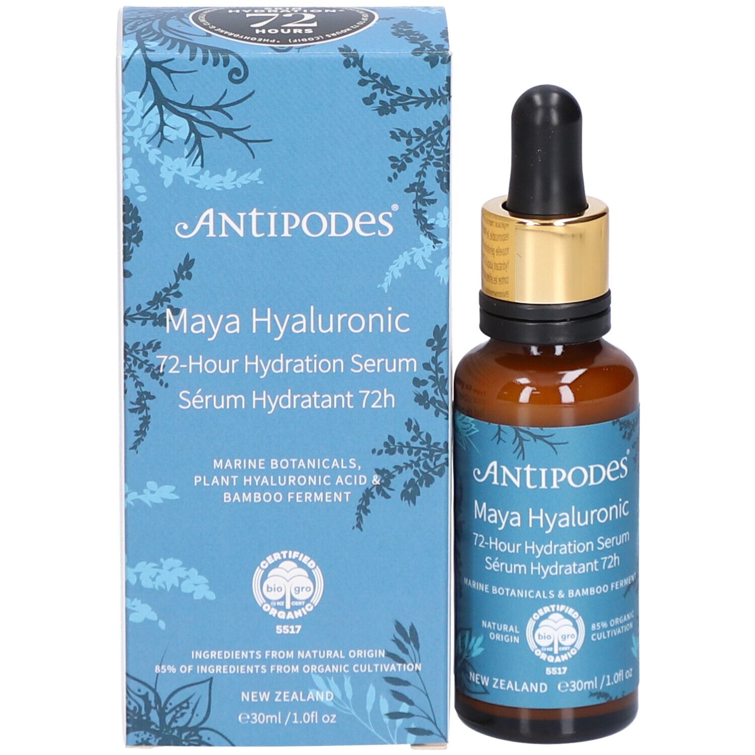 Productfles en verpakking. Opschrift: ANTIPODES Maya Hyaluronic Sérum Hydratant 72h. Verpakking met bloemenpatroon.