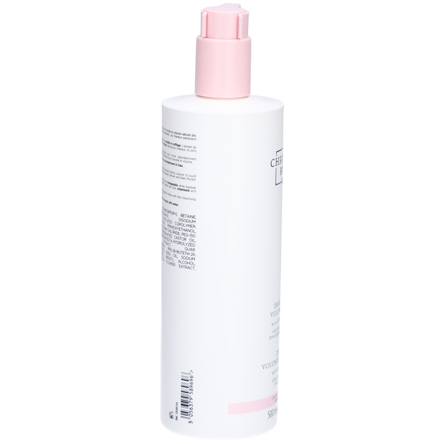 Dos d'un flacon blanc avec pompe rose. Texte avec ingrédients et informations. Code-barres en bas.