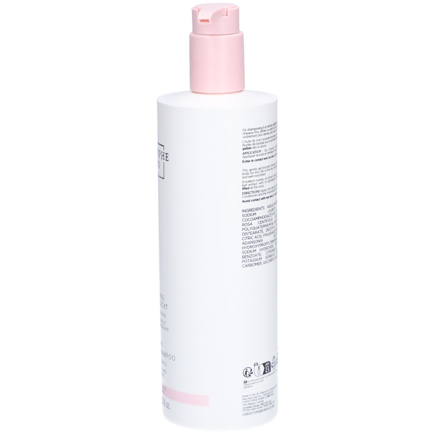 Dos d'un flacon blanc avec pompe rose. Texte avec ingrédients et informations.