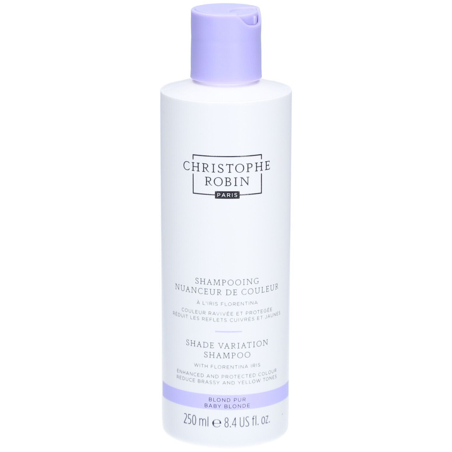 Flasche Shampooing Nuanceur de Couleur. Marke CHRISTOPHE ROBIN. Flasche mit lila Verschluss. Text: Blond Fur Baby Blonde.