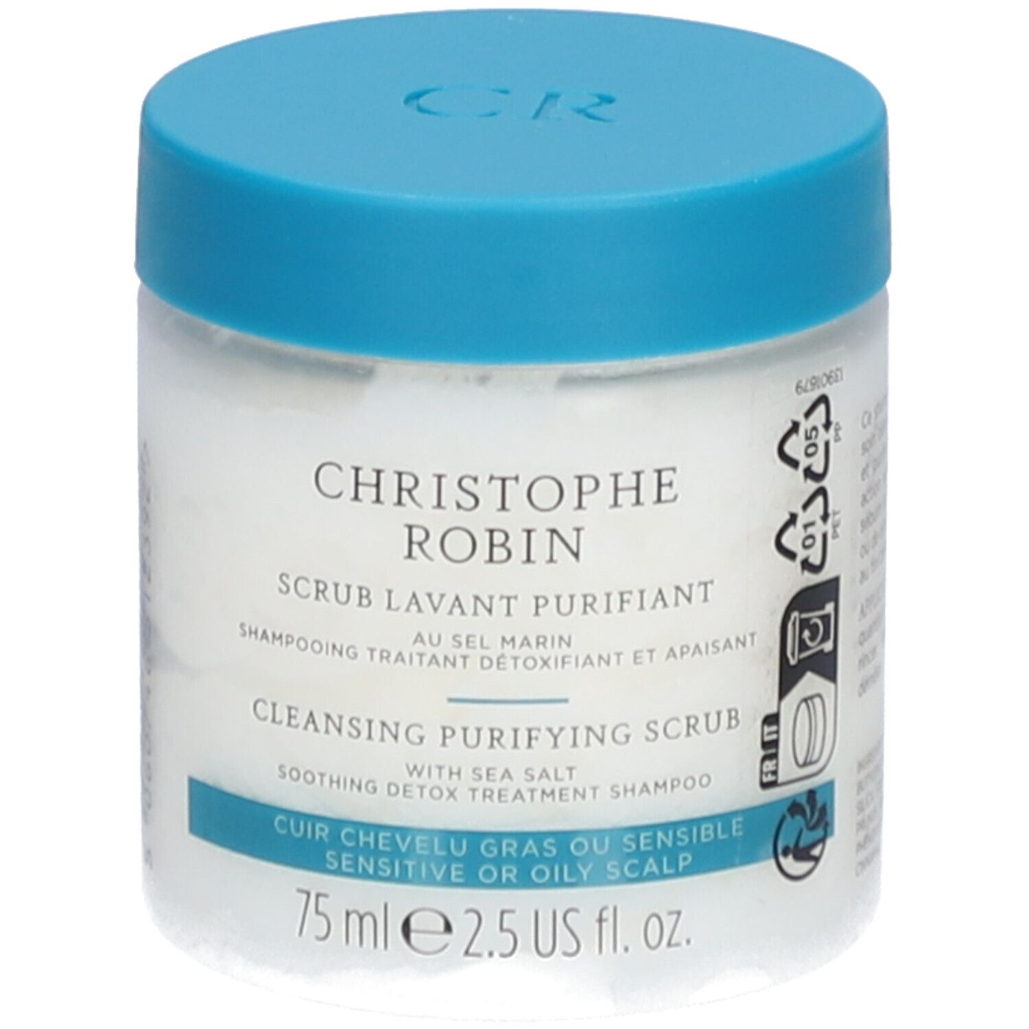 Pot avec couvercle bleu. Inscription: CHRISTOPHE ROBIN, Scrub Lavant Purifiant, Cleansing Purifying Scrub.