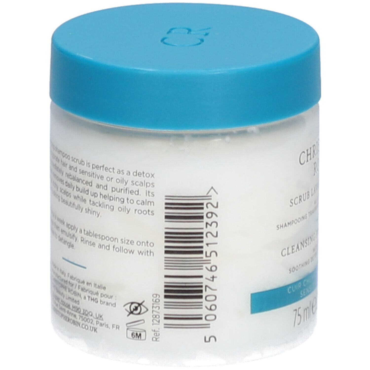 Pot avec couvercle bleu. Dos avec texte et code-barres. Produit: CHRISTOPHE ROBIN Scrub Lavant Purifiant.