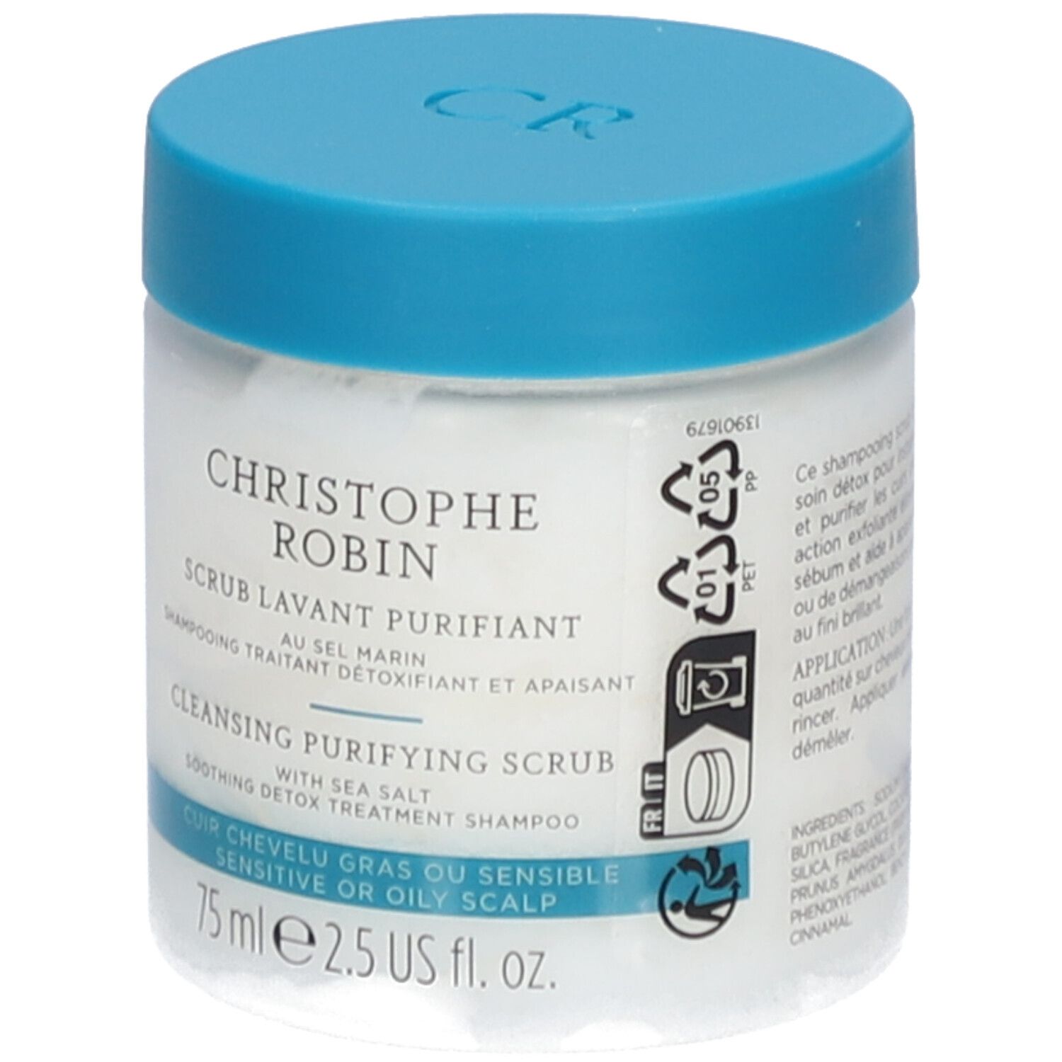 Pot avec couvercle bleu. Inscription: CHRISTOPHE ROBIN, Scrub Lavant Purifiant, Cleansing Purifying Scrub.