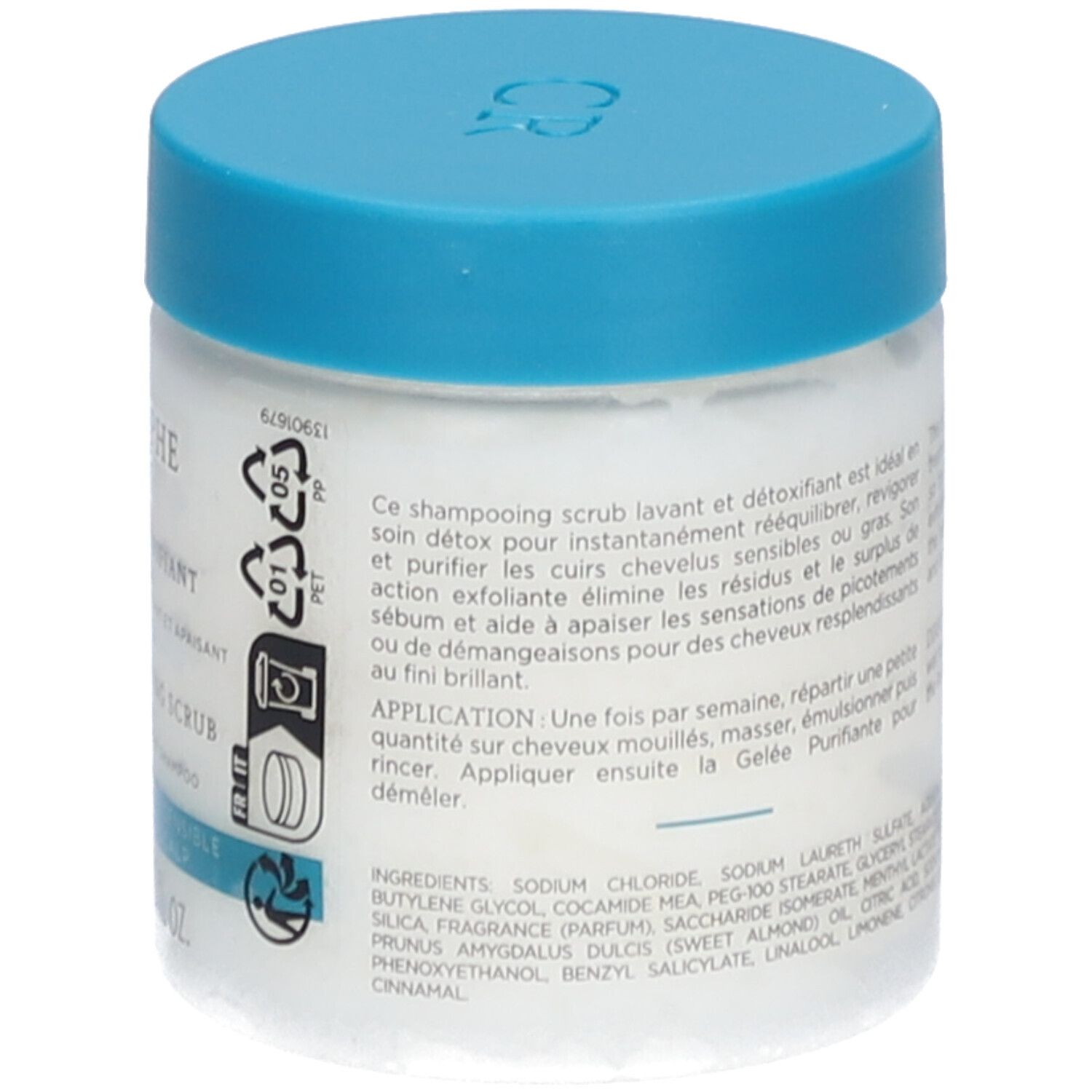 Pot avec couvercle bleu. Dos avec texte. Produit: CHRISTOPHE ROBIN Scrub Lavant Purifiant.