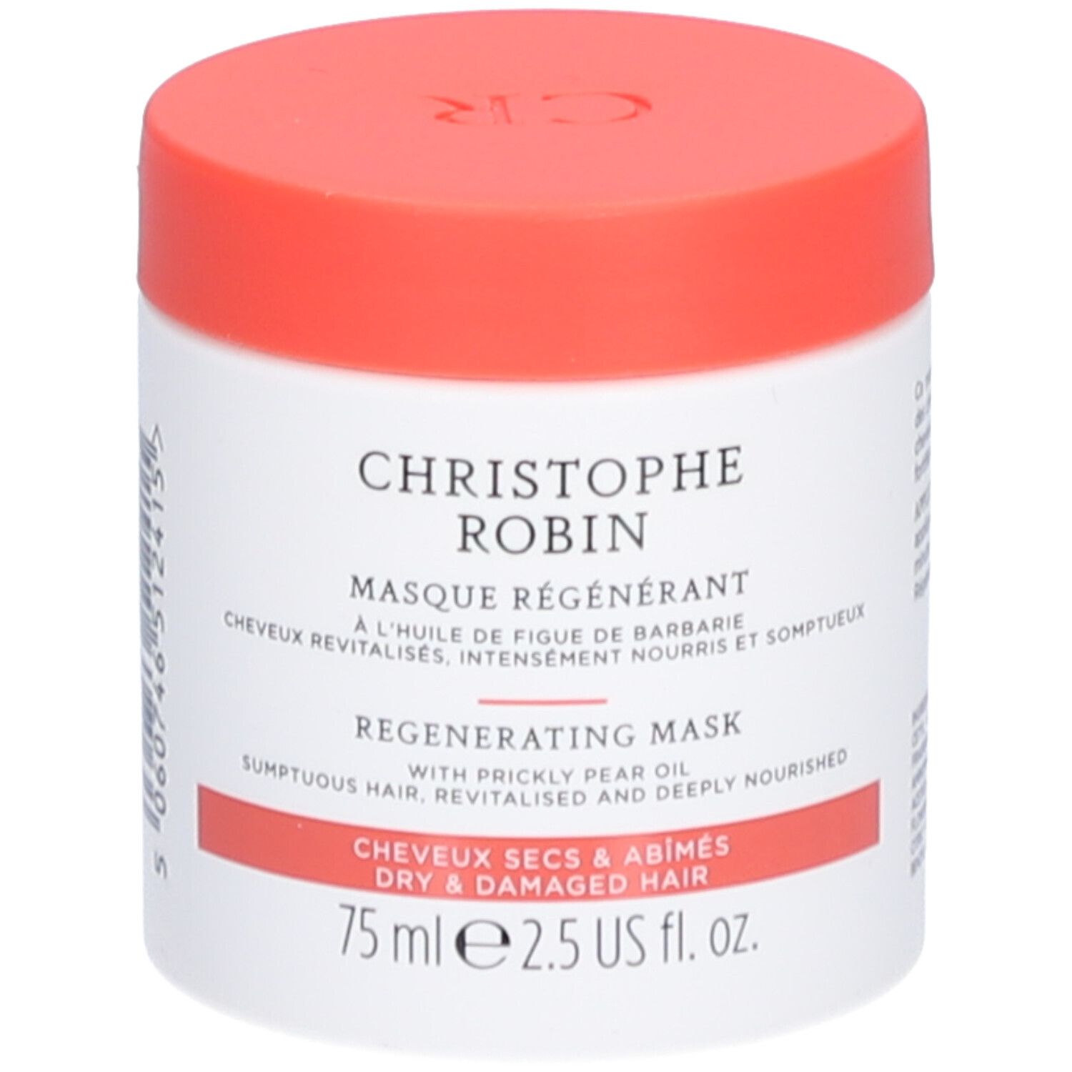 Pot blanc avec couvercle rouge. Inscription: CHRISTOPHE ROBIN Masque Régénérant. Pour cheveux secs et abîmés.