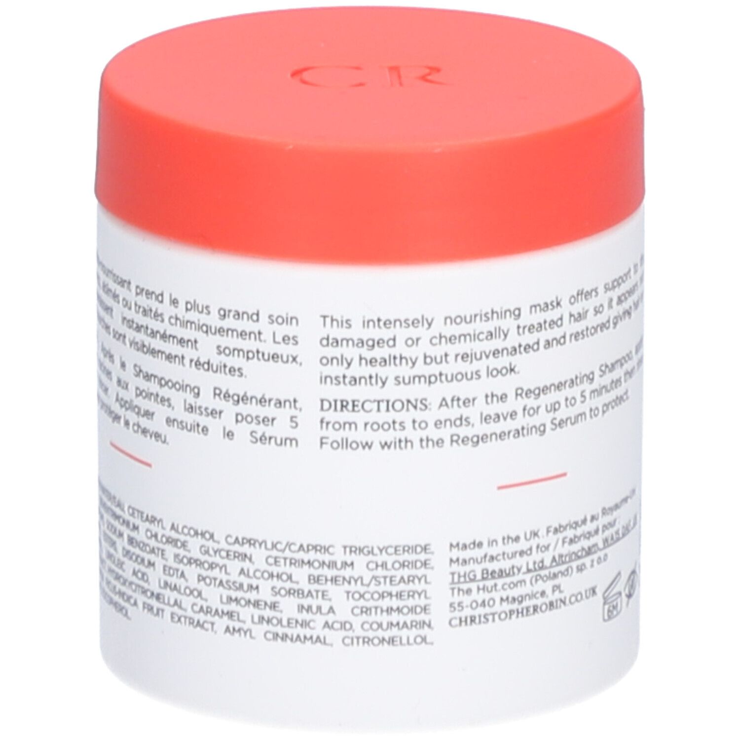 Pot blanc avec couvercle rouge. Texte avec ingrédients et instructions d'utilisation. Nom du produit: CHRISTOPHE ROBIN Masque Régénérant.