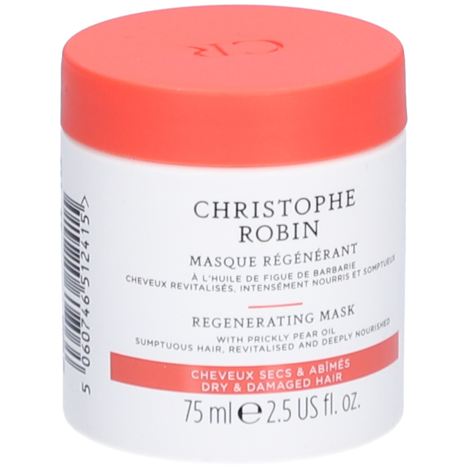 Pot blanc avec couvercle rouge. Inscription: CHRISTOPHE ROBIN Masque Régénérant. Pour cheveux secs et abîmés.