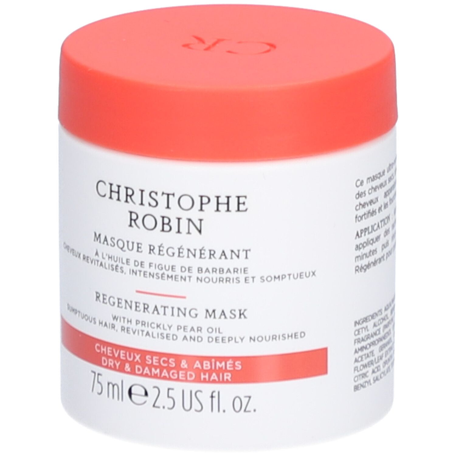 Pot blanc avec couvercle rouge. Inscription: CHRISTOPHE ROBIN Masque Régénérant. Pour cheveux secs et abîmés.