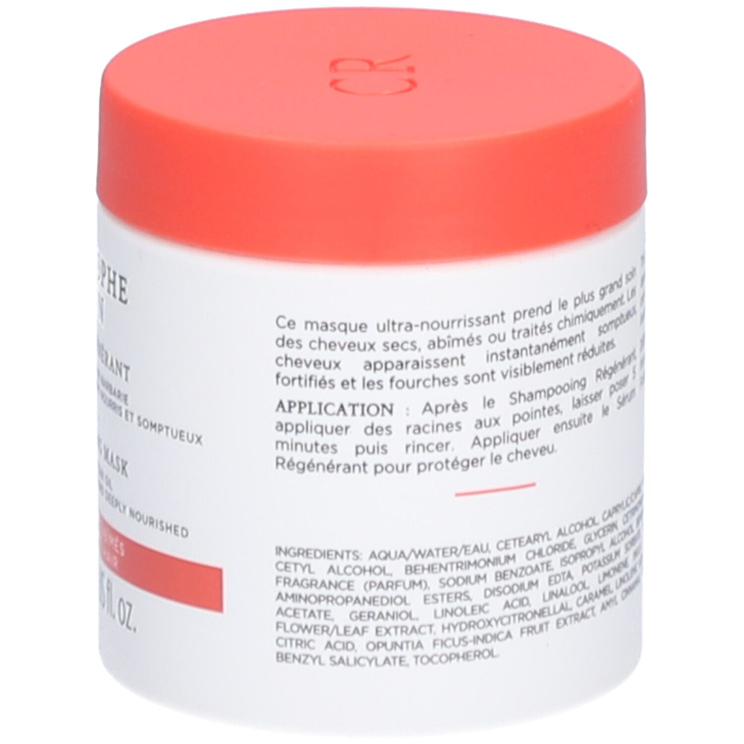 Pot blanc avec couvercle rouge. Texte avec instructions d'utilisation et ingrédients. Nom du produit: CHRISTOPHE ROBIN Masque Régénérant.
