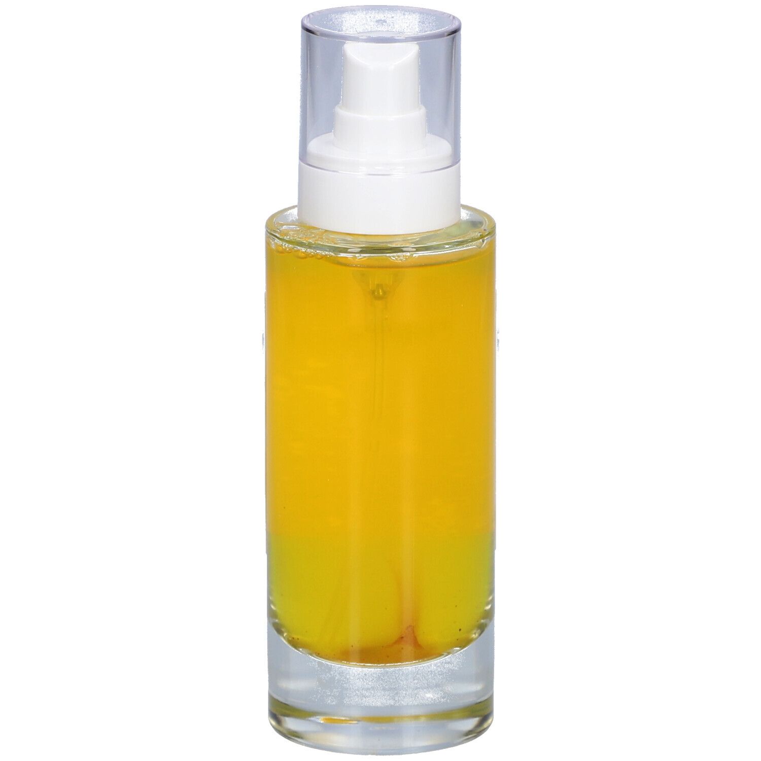 Glazen fles met gele vloeistof en verstuiver. Opschrift: minima liste. Essence resplendissante, Glowing essence.