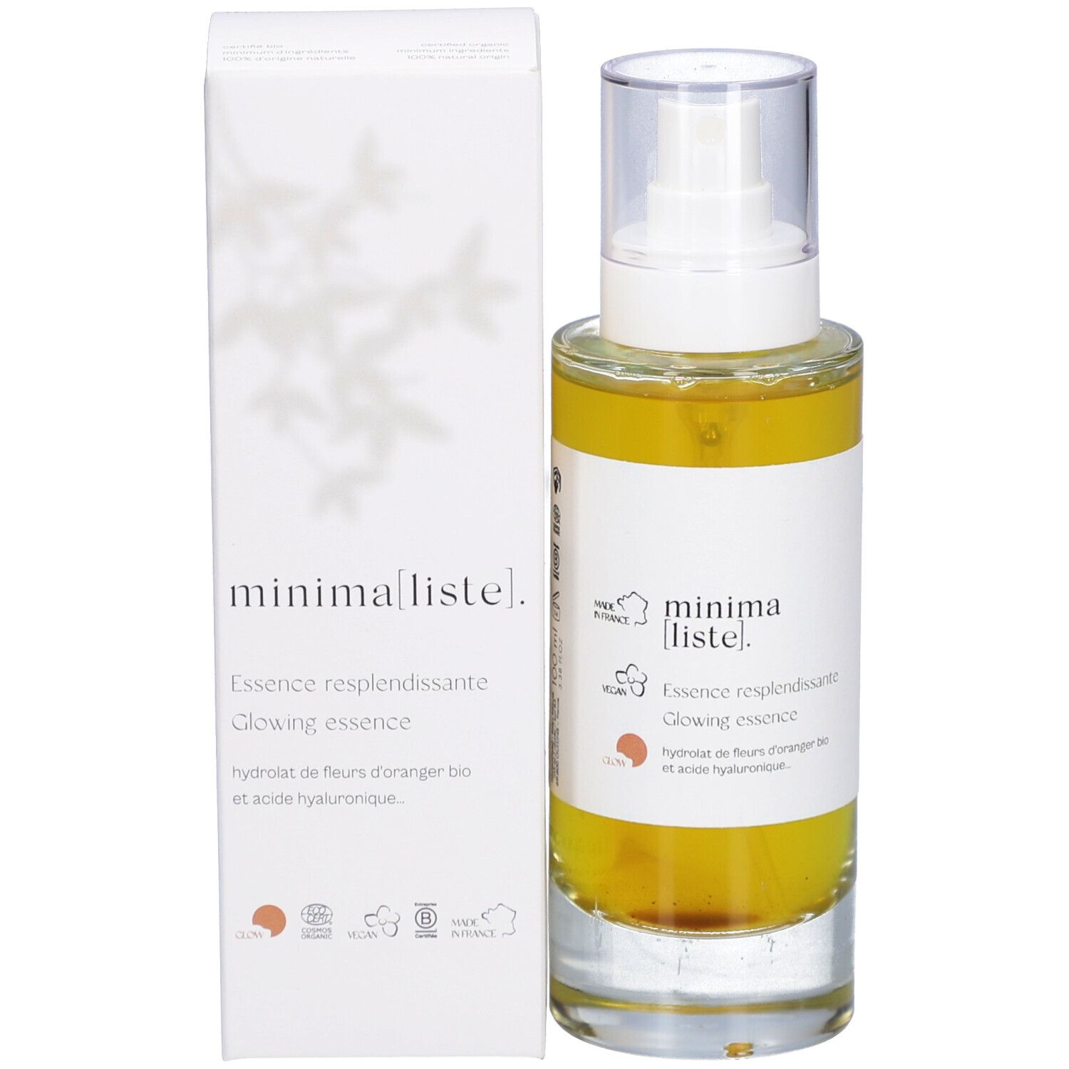 Productfles en verpakking. Opschrift: minima liste. Essence resplendissante, Glowing essence. Verpakking met logo.