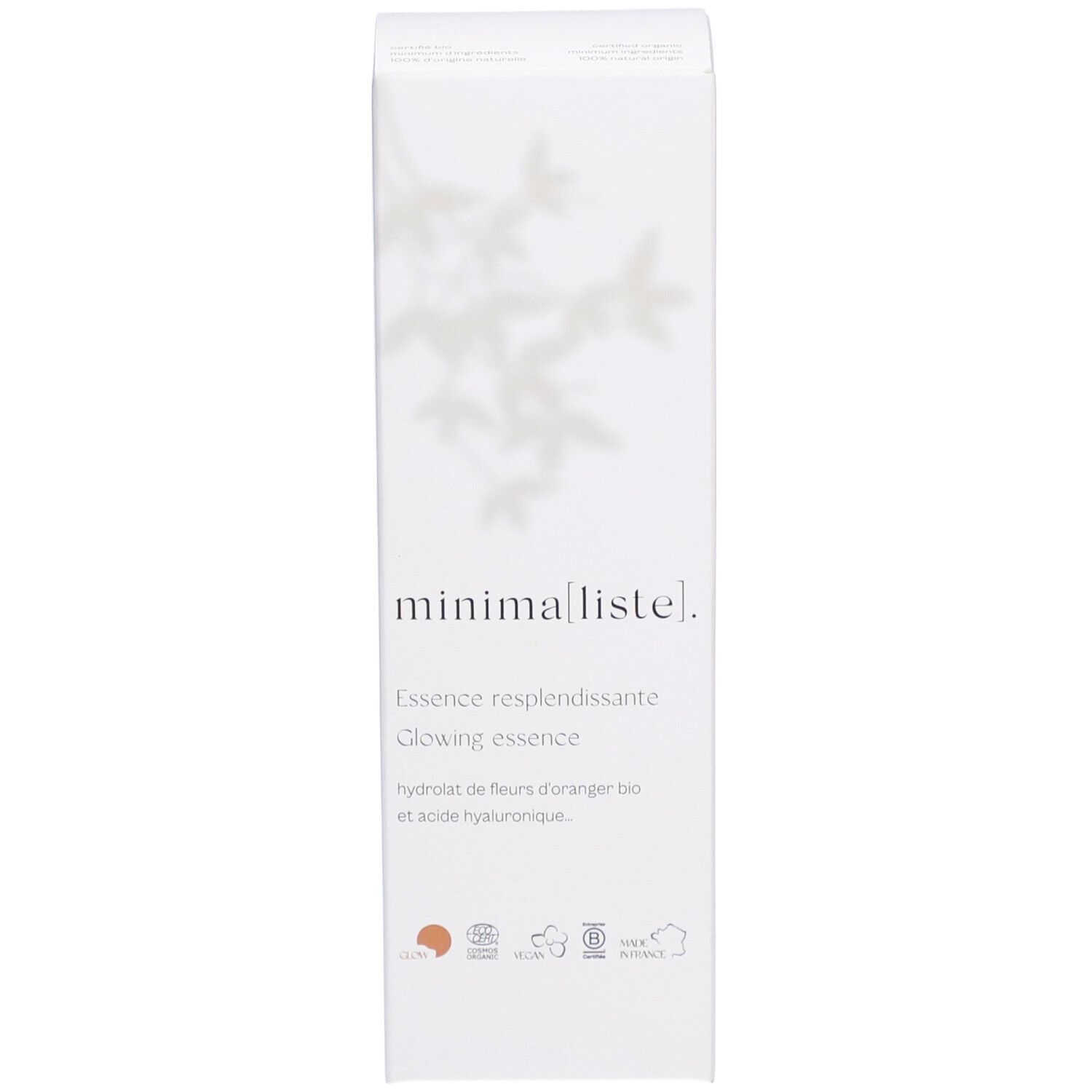 Verpakking met opschrift: minima liste. Essence resplendissante, Glowing essence. Logo en certificeringen.