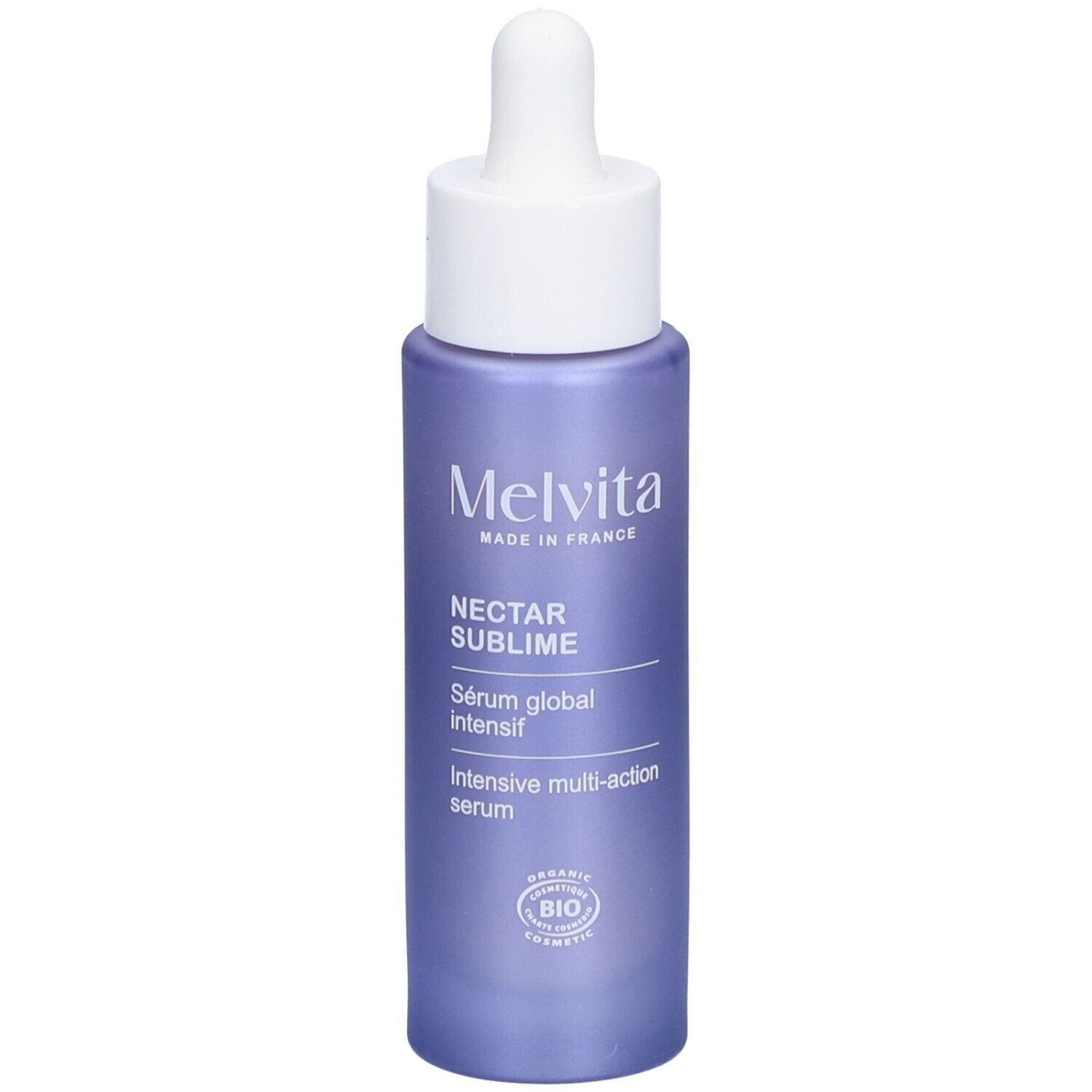 Violette Flasche mit weißem Deckel und Pipette. Aufschrift: MELVITA, NECTAR SUBLIME, Sérum global intensif, Intensive multi-action serum.