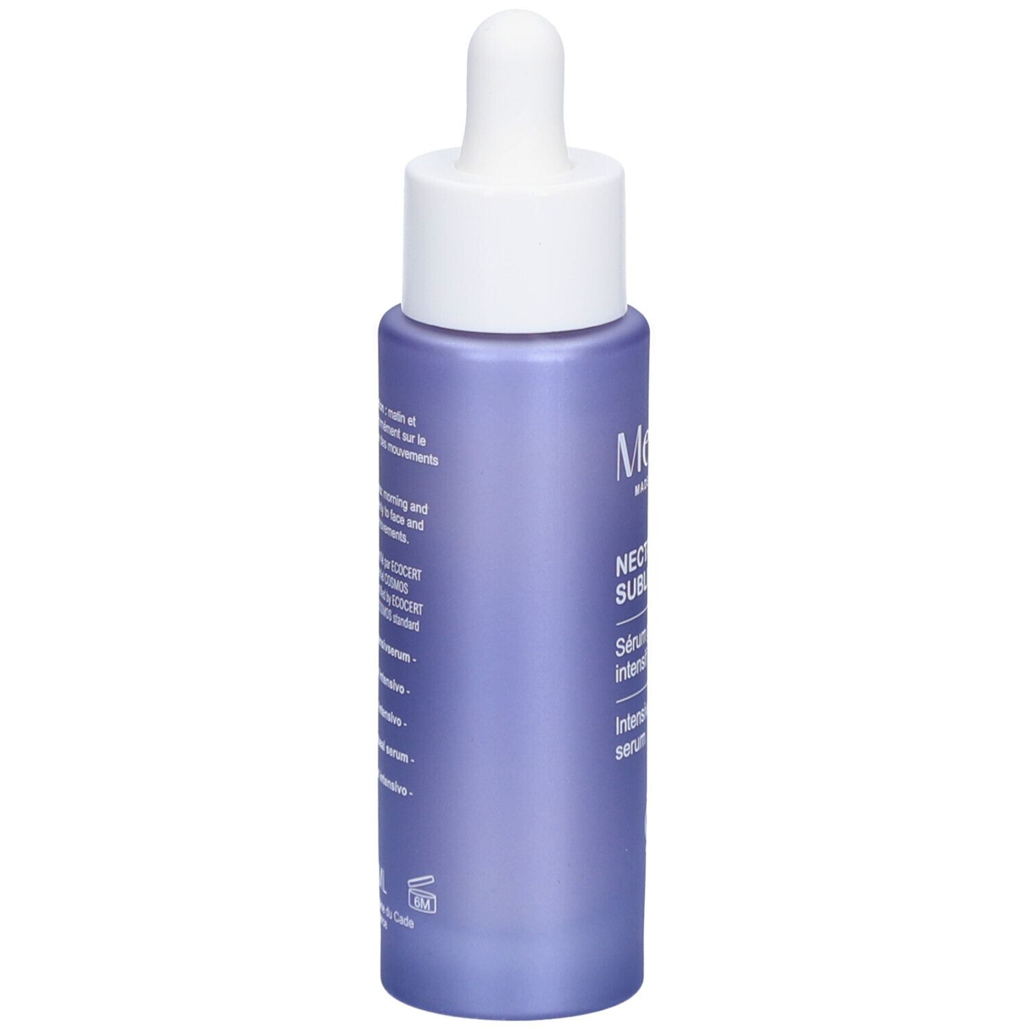 Violette Flasche mit weißem Deckel und Pipette. Aufschrift auf der Rückseite. Text in mehreren Sprachen.