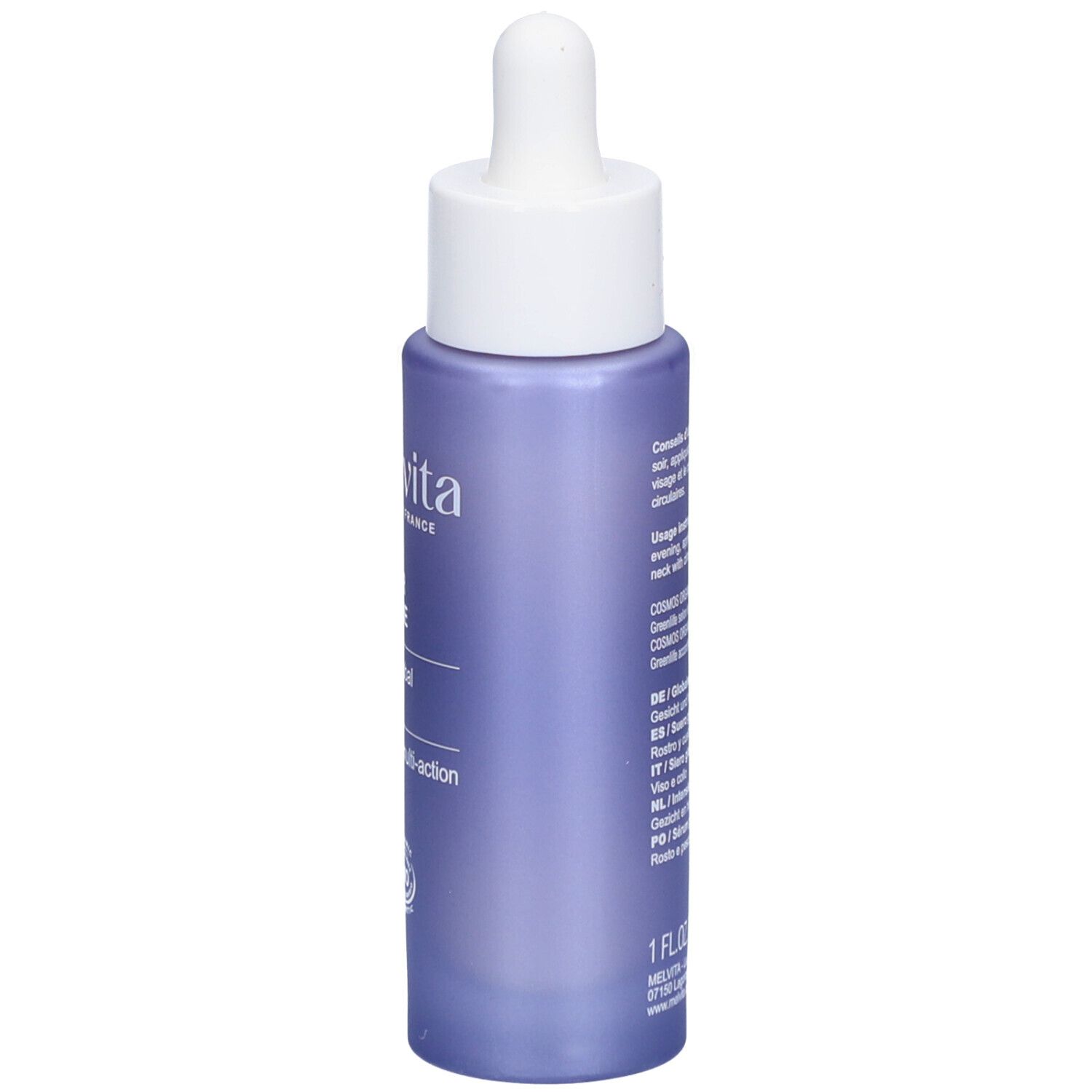 Violette Flasche mit weißem Deckel und Pipette. Aufschrift: MELVITA, NECTAR SUBLIME, Sérum global intensif, Intensive multi-action serum.