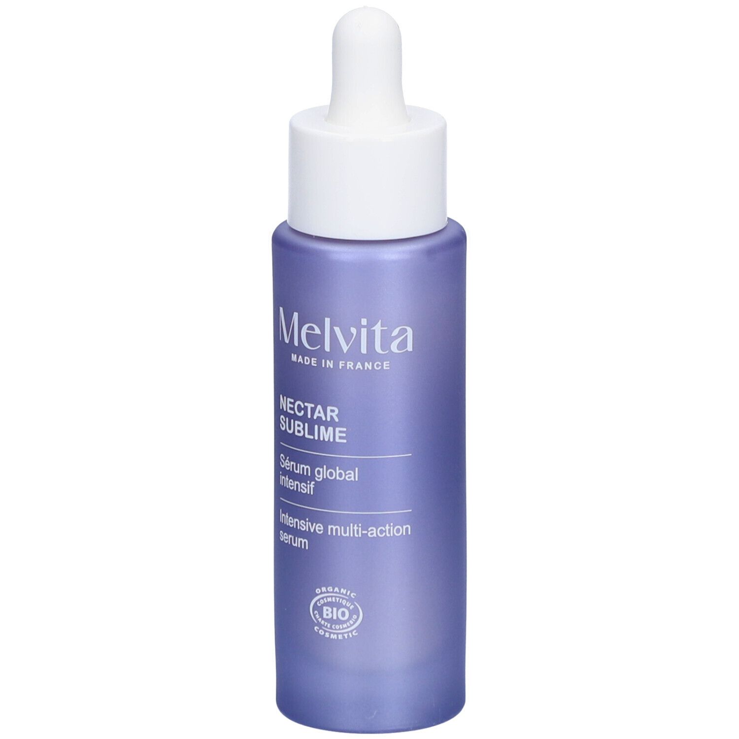 Violette Flasche mit weißem Deckel und Pipette. Aufschrift: MELVITA, NECTAR SUBLIME, Sérum global intensif, Intensive multi-action serum.