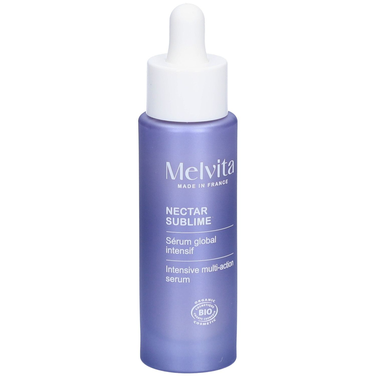 Violette Flasche mit weißem Deckel und Pipette. Aufschrift: MELVITA, NECTAR SUBLIME, Sérum global intensif, Intensive multi-action serum.