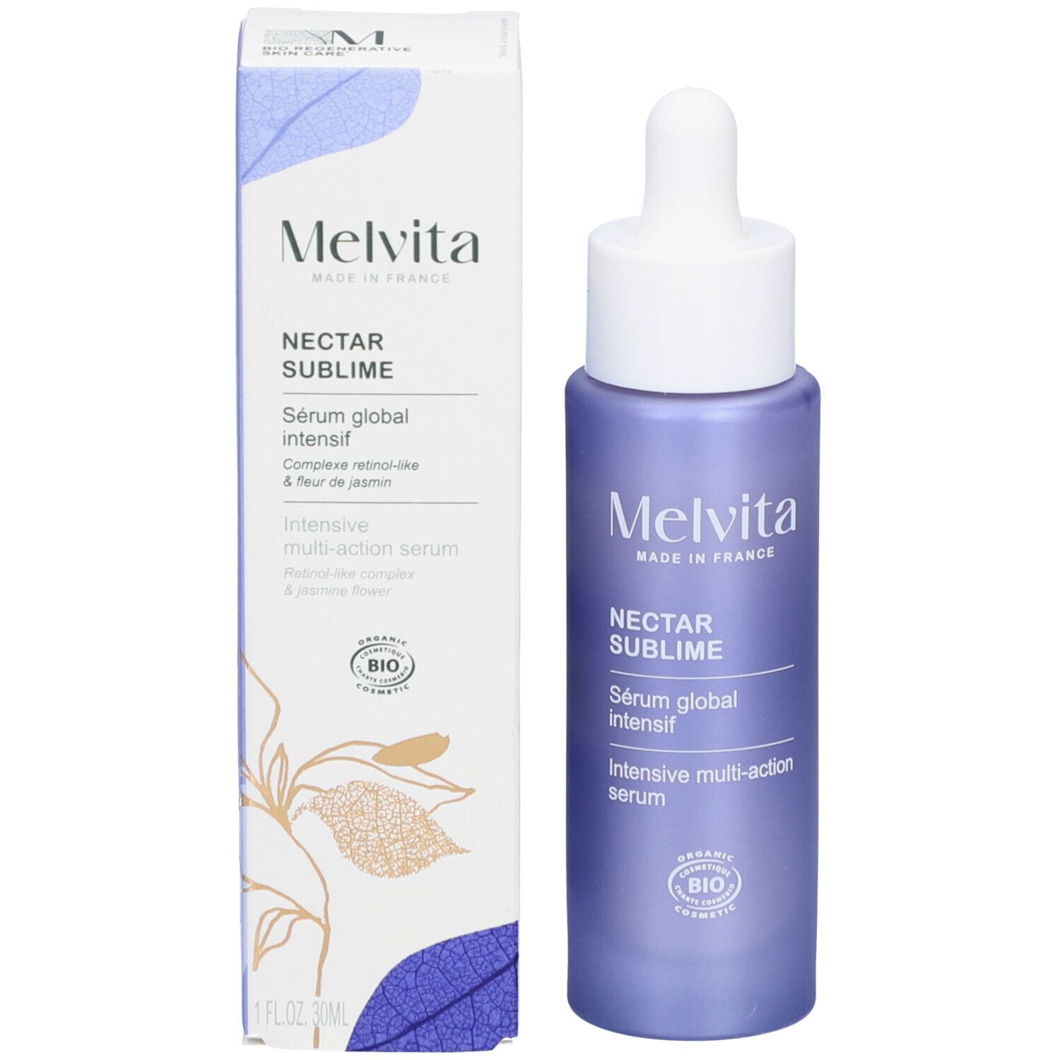 Produktverpackung und Flasche. Aufschrift: MELVITA, NECTAR SUBLIME, Sérum global intensif, Intensive multi-action serum. Mit Karton.