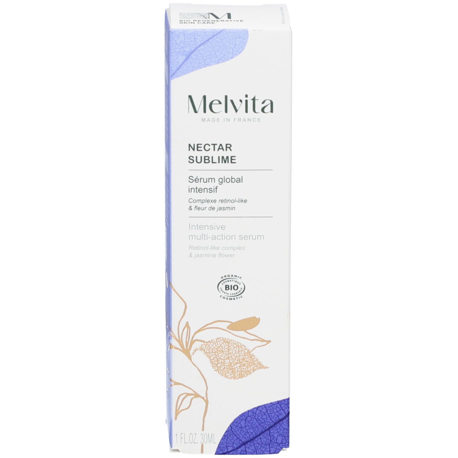 Produktverpackung. Aufschrift: MELVITA, NECTAR SUBLIME, Sérum global intensif, Intensive multi-action serum. Mit Karton.