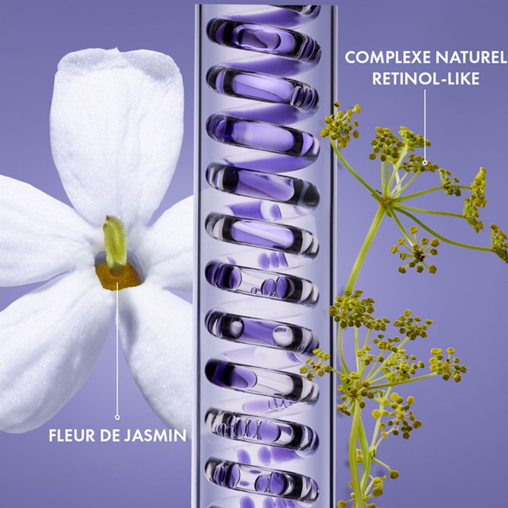 Nahaufnahme von Jasminblüte und Retinol-ähnlichem Komplex in einer Glasröhre. Text: Complexe naturel retinol-like.